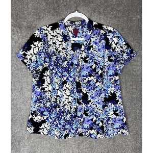 212‎ Collection Floral Pintuck V-Neck Button Up Top Womens Size Large Blue